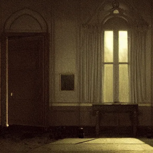 Prompt: creepy Liminal interior of RE7, in the style of Edward Hooper and Vilhelm Hammershøi and Albert Bierstadt