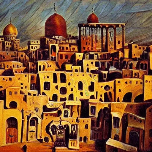 Prompt: An extremly detailed painting of old Damascus, oil painting by Salvador Dali