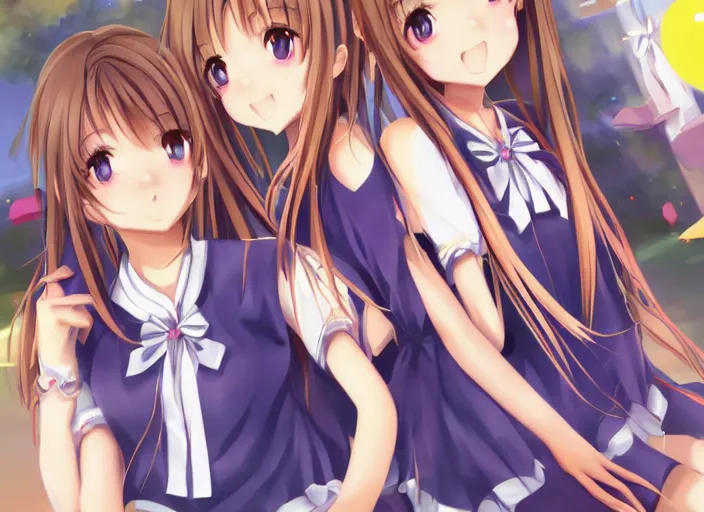 Image similar to 2 0 0 0 clannad shuffle toheart event'anime illustration japanese very very beautiful cute girls doing cute things trending on artstation pixiv makoto shinkai smiling super detailed eyes eyebrowless symmetry face visual novel hairpin star, anime car warp