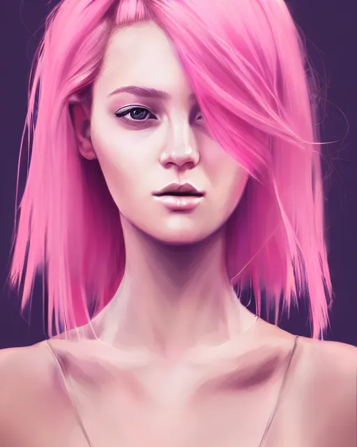 Image similar to portrait of beautiful girl with pink hair, low cut dress, boho chic. symmetry face, fine details. realistic shaded lighting, by sakimichan, kidmo, trending on pixiv, trending on artstation