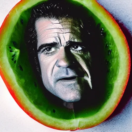 Image similar to a slice of water melon with the face of mel gibson