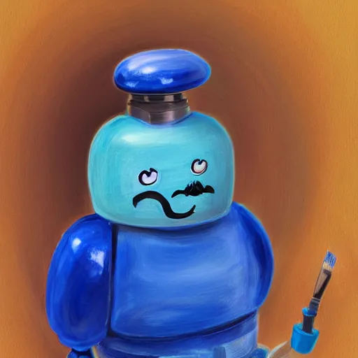 Image similar to Cute round blue robot with mustache and french beret holding a brush, portrait, photorealism