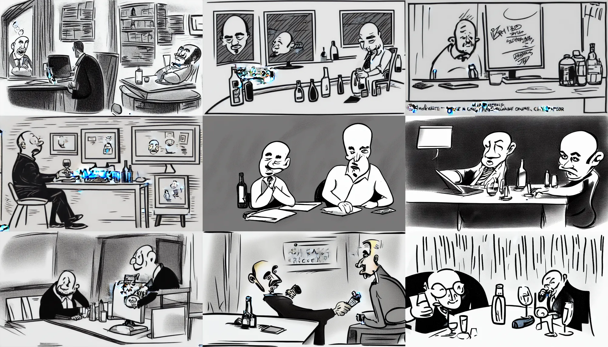 Prompt: a balding drunk man sits in front of a computer, bottles are scattered about. cartoon, sketch, b&w, caricature