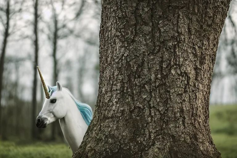 Image similar to beautiful unicorn infer a tree natural lighting 85mm by Emmanuel Lubezki