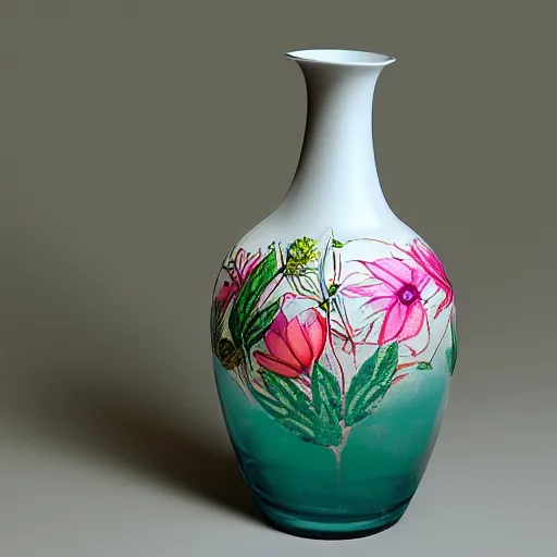 Prompt: the object is a vase. it is made of glass and is cylindrical in shape. it has a wide opening at the top and a narrow base. it is decorated with a design of flowers and leaves. the colors are white, pink, and green