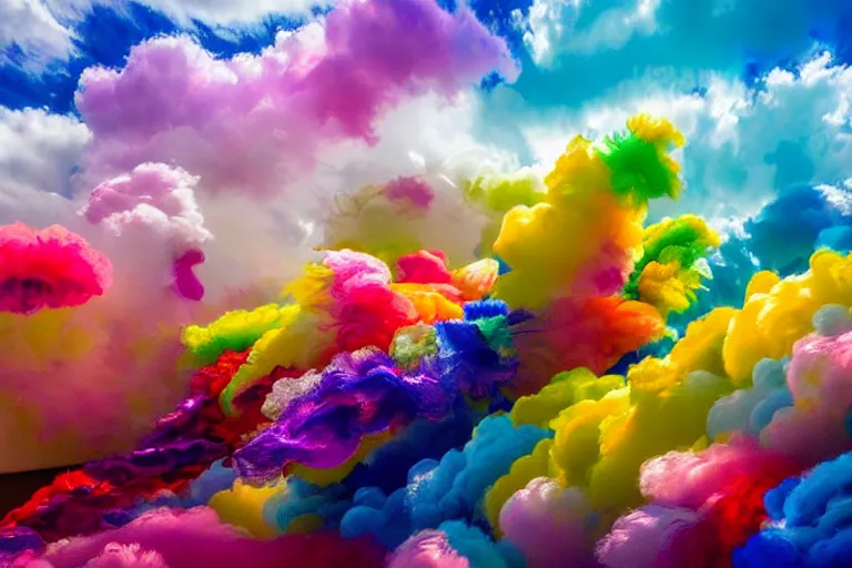 Prompt: a flock of many puffy clouds tangled into large whirling ultra detailed ribbons of colored glass, abstract environment, playful, award winning art, epic dreamlike fantasy landscape, ultra realistic,