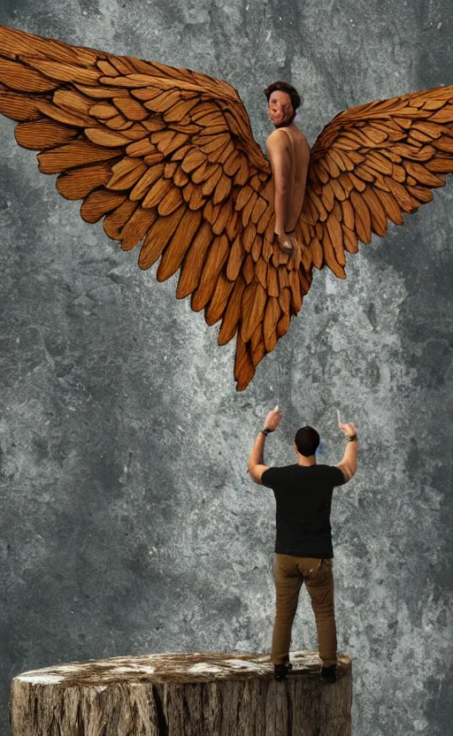 Image similar to a man standing on a cliff ready to jump with his home made wings made out of wood, photorealistic,