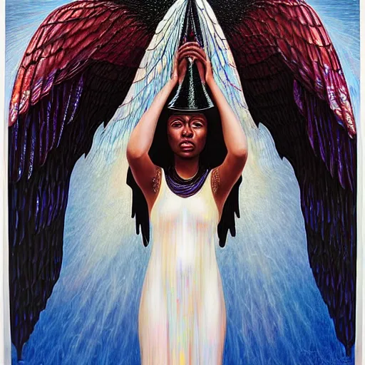 Prompt: isis depicted as a black woman with large iridescent wings in front of a crystal pyramid by Aliza Razell, chris leib, and thomas blackshear, oil on canvaa