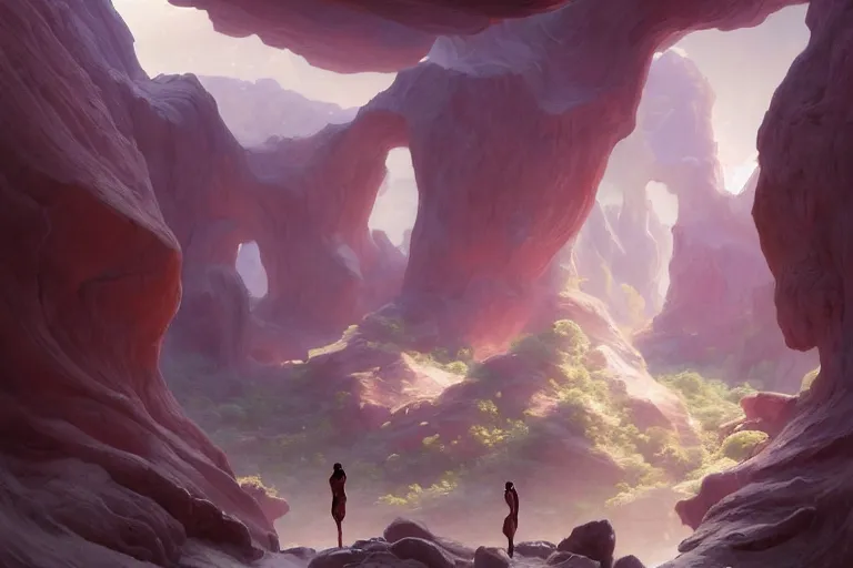 Prompt: Celestial majestic luxurios futuristic other worldly realm with Singaporean royal gold lush volcano, set on Antelope Canyon with white thermal waters flowing down pink travertine terraces, relaxing, ethereal and dreamy, visually stunning, from Star Trek 2021, illustration, by WLOP and Ruan Jia and Mandy Jurgens and William-Adolphe Bouguereau, Artgerm