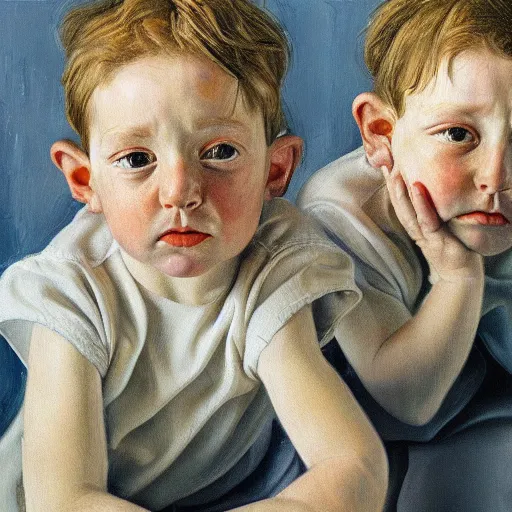 Image similar to high quality high detail painting by lucian freud, hd, portrait of twins, photorealistic lighting