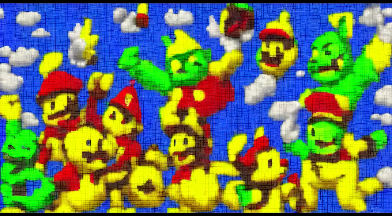 Image similar to pixel art, dithered professional artwork, fanart mashup, Pikachu and Mario and Shrek, Mario and Pikachu are staring confused at Shrek, High Resolution Pixel Artwork, trending, very very cute and detailed