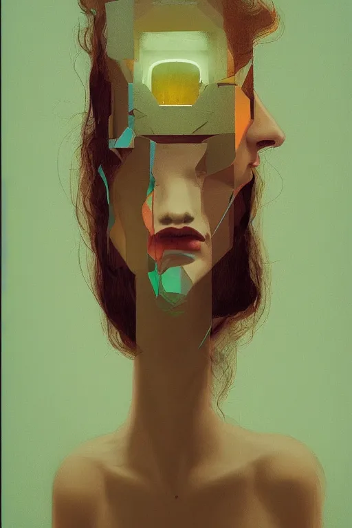 Image similar to woman wearing oculus and digital glitch head edward hopper and james gilleard, zdzislaw beksisnski, higly detailed