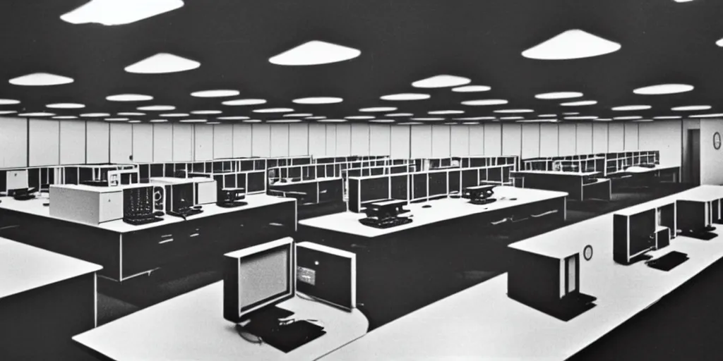 Image similar to a large 1970's computing room with 9-track machines and glowing screens. by IBM by Amdahl.