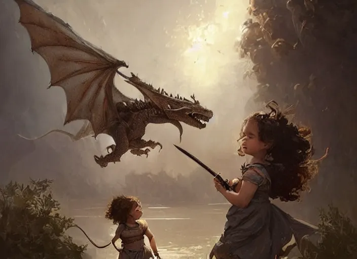 Image similar to a cute little girl with curly brown hair holding a sword faces off against a baby dragon, beautiful fantasy art by greg rutkowski.