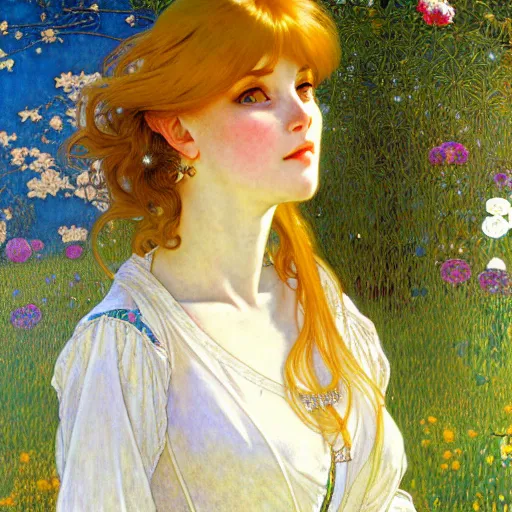 Prompt: A playful young woman with blonde long hair and bangs in shorts and a white blouse drawn by Zeronis and Donato giancola and Robert McGinnis and alphonse mucha, background by James Jean and gustav klimt, 4k, sunny day, volumetric lighting, french nouveau, trending on artstation, octane render, hyperrealistic