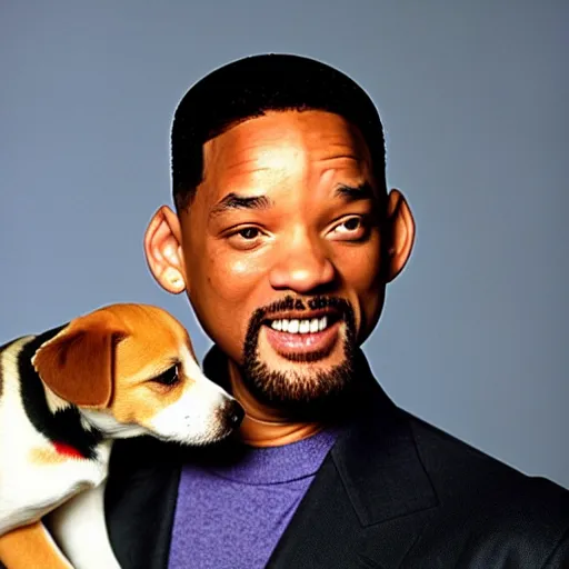 Prompt: Will Smith holding a puppy for a 1990s sitcom tv show, Studio Photograph, portrait C 12.0