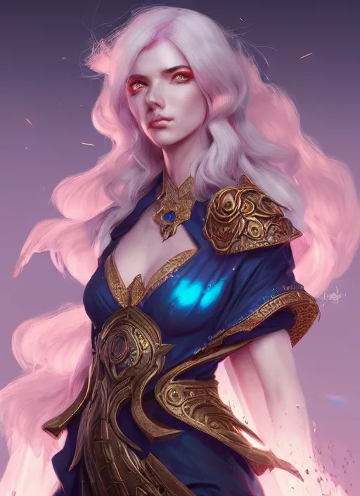 Image similar to dragon sorceress, wide angle view, white, black, blue, pink, gold, highly detailed, artgerm, cushart krenz, trending on artstation, soft light, sharp edges, illustration, character design, concept art