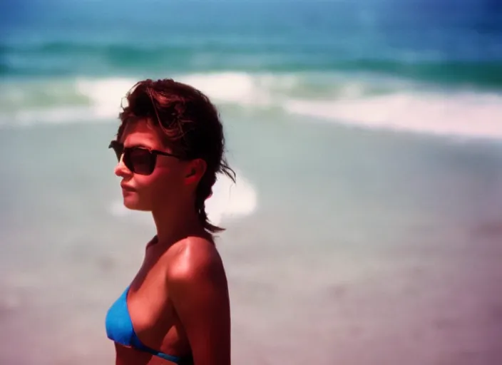 Prompt: 90's Professional Color Photography, Nikon, close up, A girl in white walking on the beach, Summer