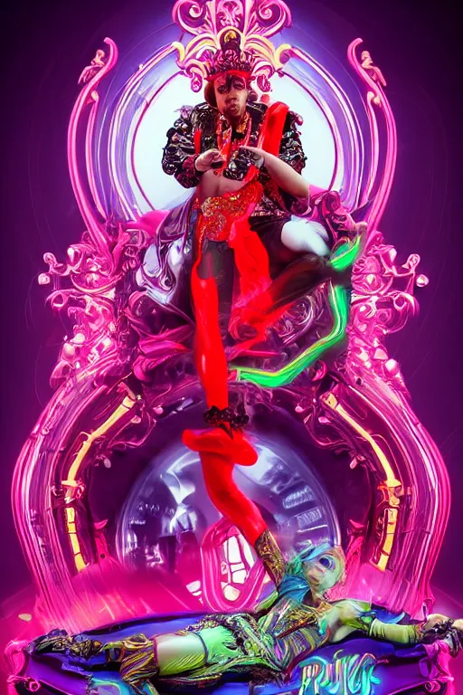 Prompt: full-body rococo and cyberpunk style neon statue of a muscular attractive Jay Sean sim roupa macho dotado e rico android sim roupa reclining con las piernas abiertas e la piroca dura e afuera, glowing red laser eyes, prince crown of red gears, diamonds, swirling black-colored silk fabric. futuristic elements. full-length view. space robots. red balloon animals. human skulls. intricate artwork by caravaggio. Trending on artstation, octane render, cinematic lighting from the right, hyper realism, octane render, 8k, depth of field, 3D