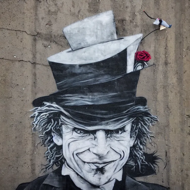 Image similar to Street-art portrait of the Hatter in style of Banksy, photorealism