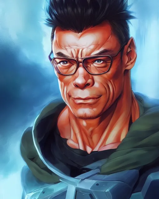 Image similar to anime portrait of Jean Claude van Damme as an anime man by Stanley Artgerm Lau, WLOP, Rossdraws, James Jean, Andrei Riabovitchev, Marc Simonetti, and Sakimichan, trending on artstation