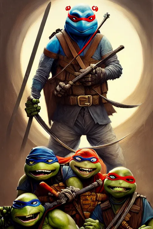 Prompt: hieronymus bosch, greg rutkowski, anna podedworna, painting of teenage mutant ninja turtles casey jones