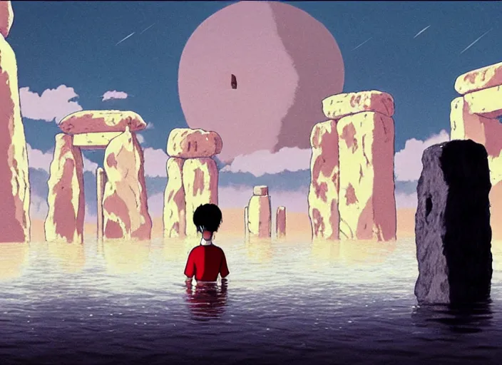 Image similar to a realistic cell - shaded studio ghibli concept art from paprika ( 2 0 0 6 ) of a floating cube from close encounters of the third kind ( 1 9 7 7 ) and a grey witch meditating on top of a pillar in a flooded stonehenge on a misty starry night. very dull colors, hd, 4 k, hq
