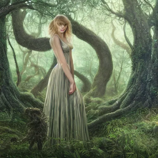 Image similar to Portrait of Taylor Swift as a dryad, characteristic sparkling green eyes, looking straight to the camera, illuminated for rays of light, behind her is an ancient forest full of life, by Annie Leibovitz, Ellie Victoria Gale and Steve McCurry, matte painting, oil painting, naturalism, 4k, 8k