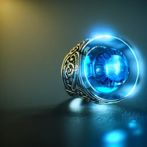 Image similar to a fantasy ring, blue glow, realistic reflections, intricate details, cinematic lighting, depth of field, octane render