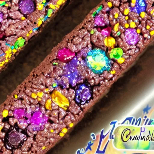 Image similar to cosmic brownie. cookbook photo. bismuth frosting, precious gemstones