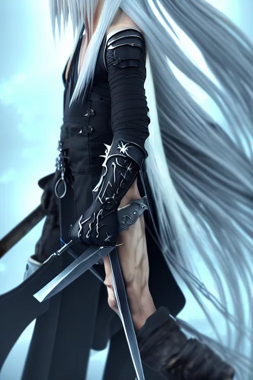 Image similar to sephiroth from final fantasy full view character design, highly detailed, wlop style, artstation, soft light, sharp focus, illustration