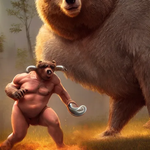 Image similar to anthropomorphic bear fighting an anthropomorphic bull, au naturel, hyper detailed, digital art, trending in artstation, cinematic lighting, studio quality, smooth render, unreal engine 5 rendered, octane rendered, art style by klimt and nixeu and ian sprigger and wlop and krenz cushart.