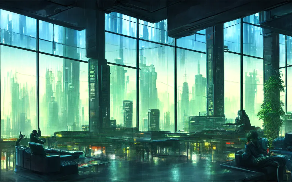 Prompt: cyberpunk loft lounge with tall windows, few people, city in background, drawn by feng zhu, sparse plants, dim painterly lighting volumetric aquatics, impasto