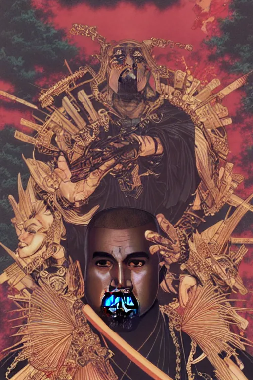 Prompt: poster of kanye west as a samurai, by yoichi hatakenaka, masamune shirow, josan gonzales and dan mumford, ayami kojima, takato yamamoto, barclay shaw, karol bak, yukito kishiro