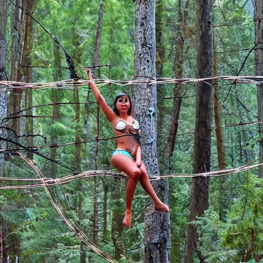 Prompt: a female navi wrapped in barbed wire floating in the air in front of a sequioa forest