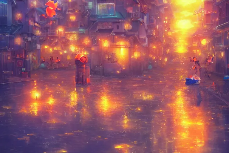 Prompt: fantasy art of glowing goldfish floating down the streets of a japanese town at night, by makoto shinkai, highly detailed digital art, trending on artstation