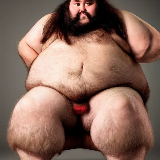 Image similar to a photo of a very hairy and fat man wearing a thong, with long hair holding a 1 0 m yam