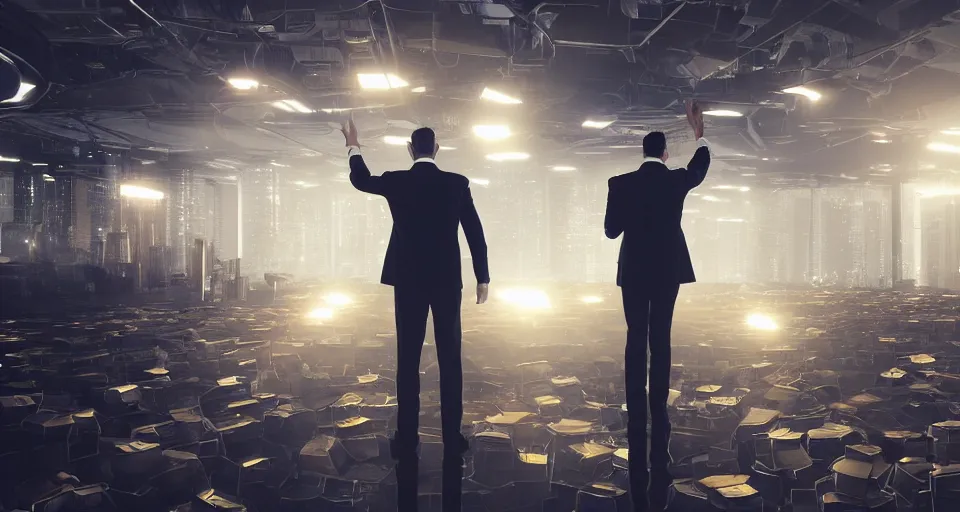 Prompt: Dramatic photo of a CEO, with his back towards the camera, waving to a large group of his coworkers in the background inside a futuristic office. Golden coins are levitating all around them. 8k, high detail, trending on Artstation, volumetric lighting, cyberpunk