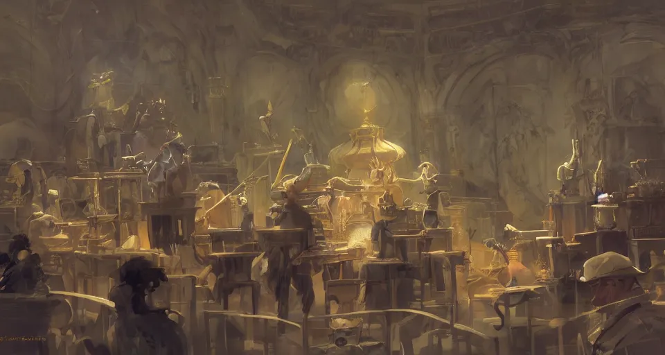 Prompt: craig mullins and ghibli digital art of theater, stage, masked female violinists, exotic costumes, gold jewelry, black hair, solo performance unreal engine, hyper realism, realistic shading, cinematic composition, realistic render, octane render, detailed textures, photorealistic, wide shot