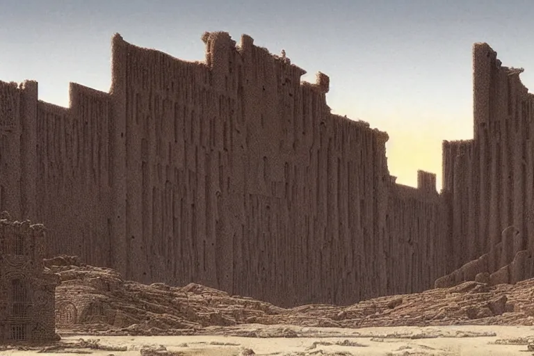 Image similar to intricate, 3 d, endless wastes vast desert abandoned buildings, style by caspar david friedrich and wayne barlowe and ted nasmith