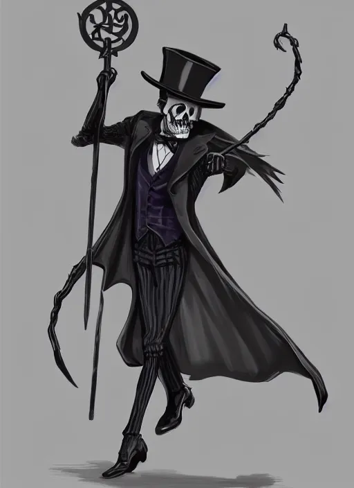 Image similar to DND character art, skeletal male figure, wearing a deep black suit!!! and tie and top hat, holding a gold! cane!, blue flames!!