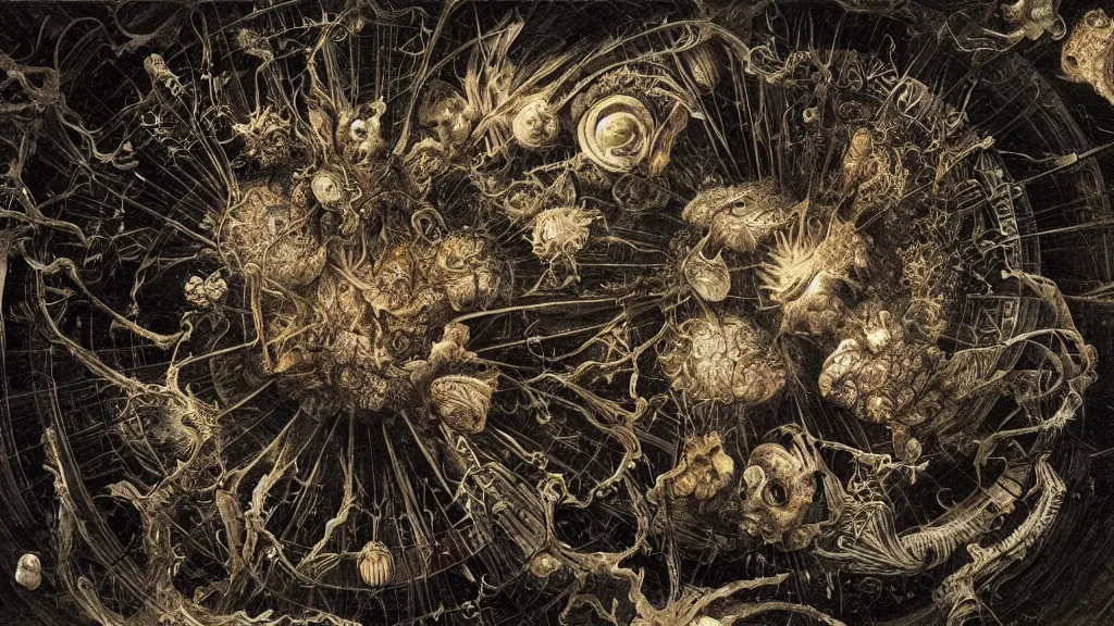 Image similar to a beautiful painting of a coronavirus inside a television screen, dark, sinister, detailed, high contrast, art by Ernst Haeckel and Greg Rutkowski