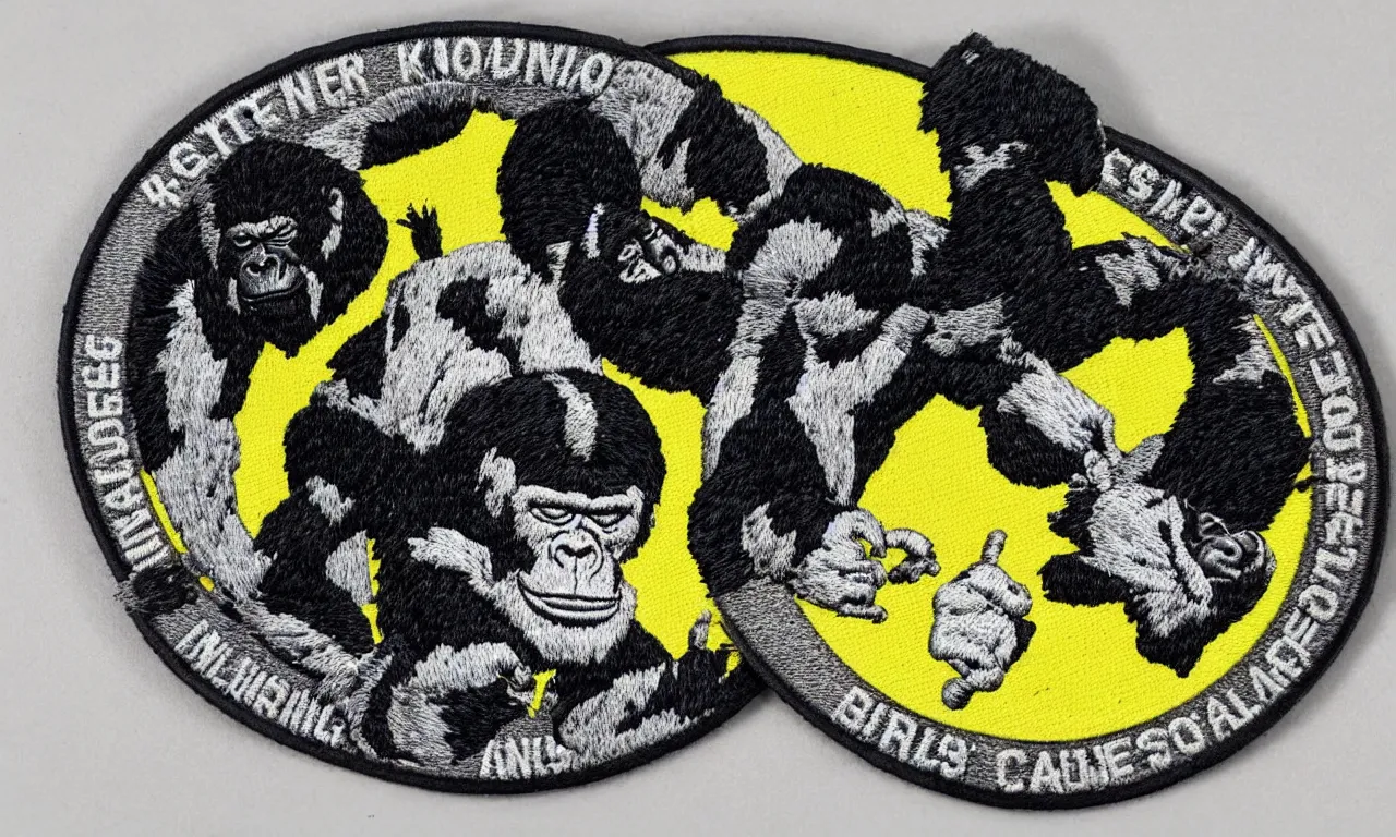 Prompt: a gorilla breaking lighting bolts. round, circular embroidered us radar corps patch 8 k /