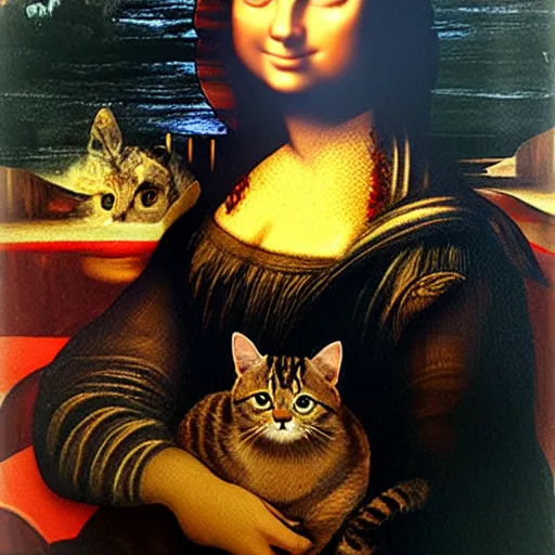Prompt: the mona liss had to go so her cat switched places with her