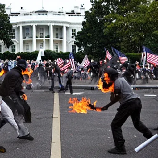 Image similar to a still ofewoks rioting in front of a the white house in washington.!!!, flaming torches and pitchforks