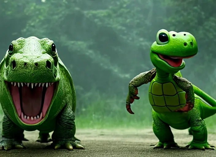 Image similar to film still of yoshi in the new sci - fi movie, cute upright dinosaur standing on its hind legs with a small turtle shell and long tongue, 8 k