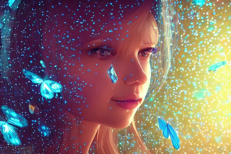 Prompt: a very beautiful dreamy hyper realistic portrait of a glass woman made of transparent glass filled with glowing butterflies, rendered by beeple, by makoto shinkai, syd meade, space art concept, sci - fi, digital art, unreal engine, wlop, trending on artstation, 4 k uhd image, octane render