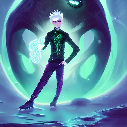 Image similar to Young Danny phantom, ghostly, with glowing green eyes and sharp teeth fangs alt art fashion punk, art by WLOP and Charlie Bowater and WLOP and Mark Arian and Ross Tran + neon colors, symmetry,A digital matte intricate illustration concept art , intricate complexity, epic composition, magical atmosphere, highly detailed, cinematic lighting + masterpiece, trending on artstation + 8k