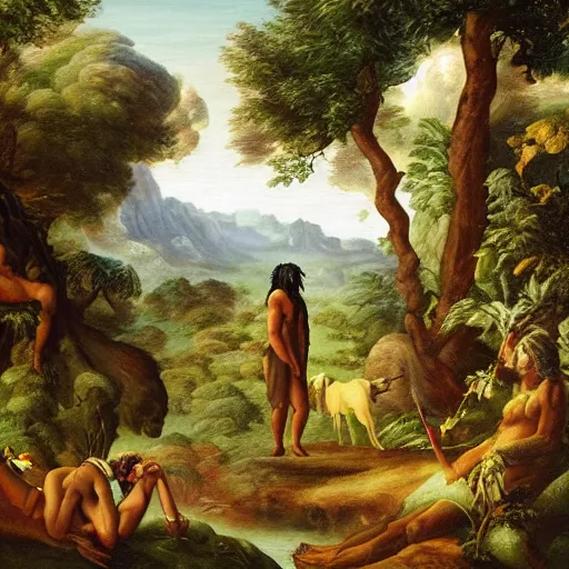 Prompt: chief keef in the garden of eden, landscape painting, beautiful, cinematic, wide shot