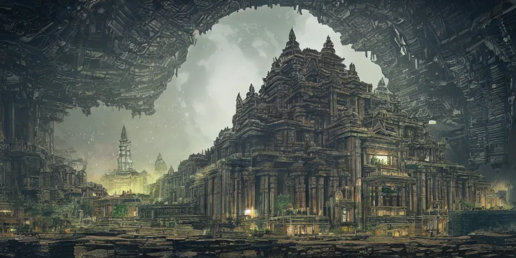 Prompt: a large kowloon khmer temple on the moon, filled with plants and habitats, hyper detailed, dieselpunk, technology, cinematic atmosphere, trending on artstation, cgsociety